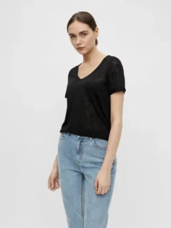 Object OBJTESSI S/S V-NECK NOOS - T-Shirt Print - Black